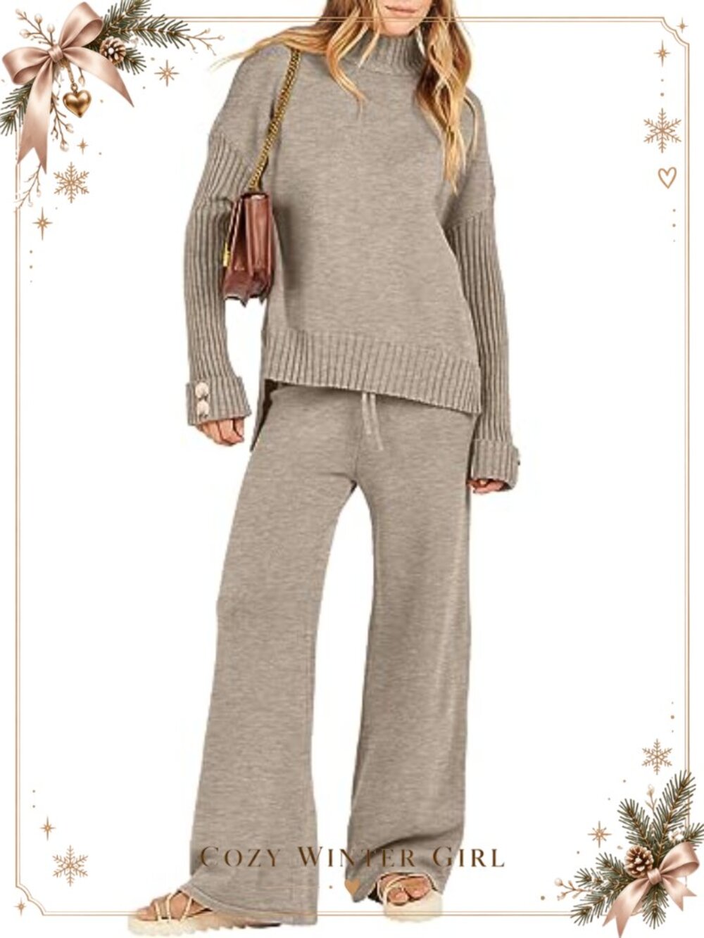 Ribbed Mockneck Sweater and Wide Leg Pants Lounge Set
